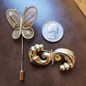 Gold-Tone Butterfly Stick Pin & Ornate Brooch Set